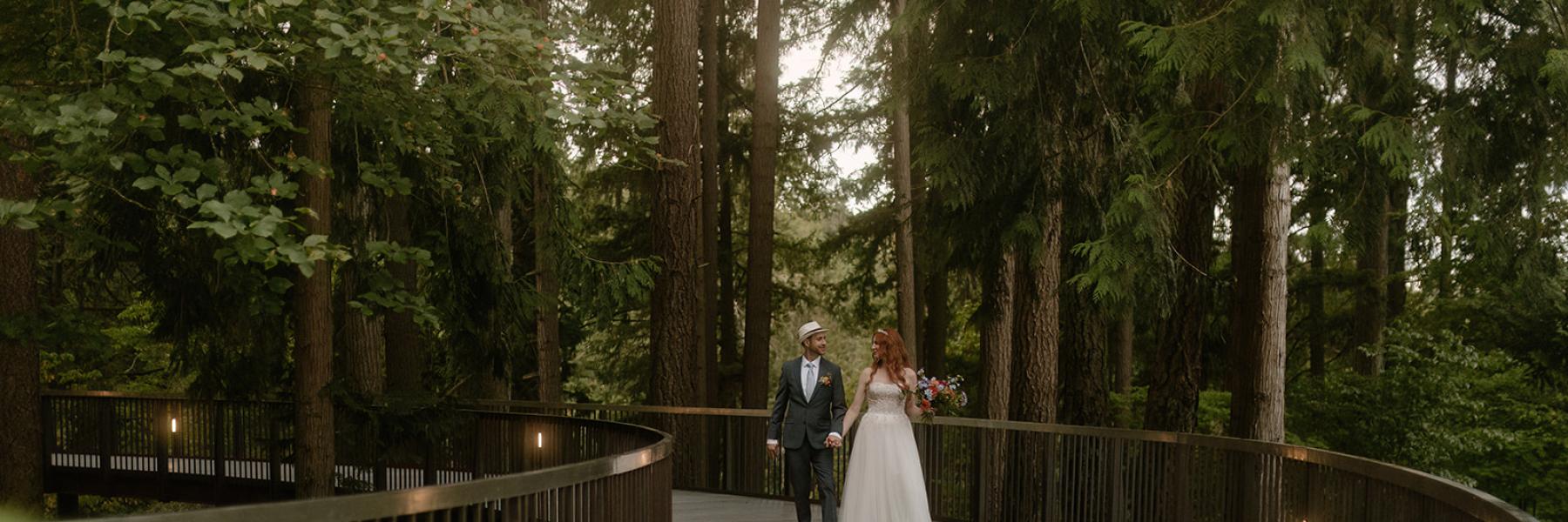 bride and groom walking on deck