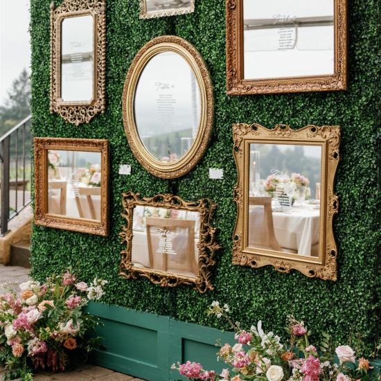 seating chart on mirrors with ground flowers