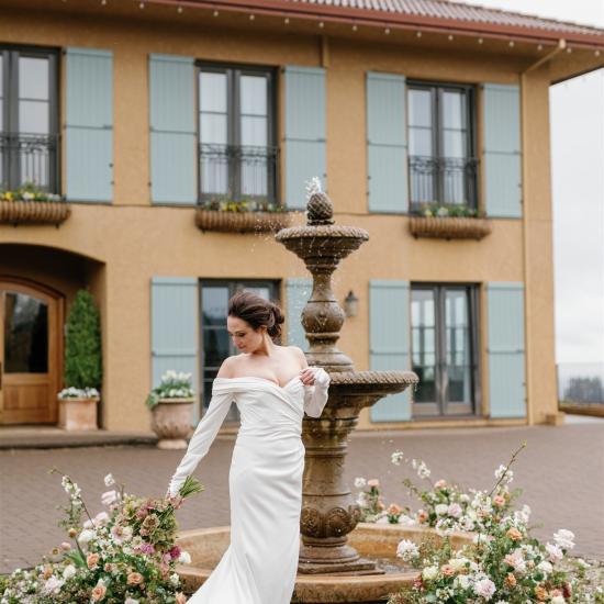 bride in front of fountain